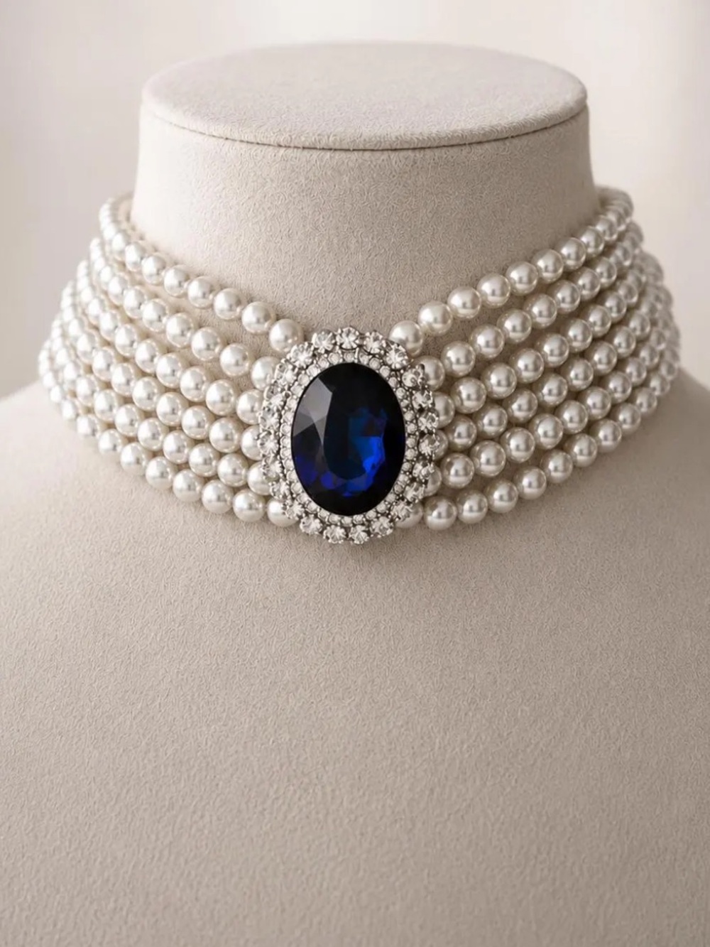Regal Multi-Strand Faux Pearl Choker with Royal Blue Crystal Centerpiece
